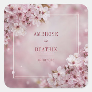 Ethereal Blush Pink Cherry Blossom Bokeh Wedding Square Sticker