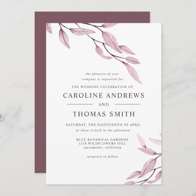 Ethereal Burgundy | Botanical Leaves wedding Invitation (Front/Back)