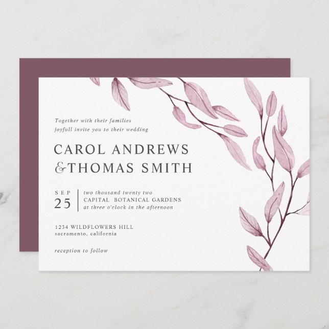 Ethereal Burgundy | Chic Botanical Leaves wedding Invitation (Front/Back)