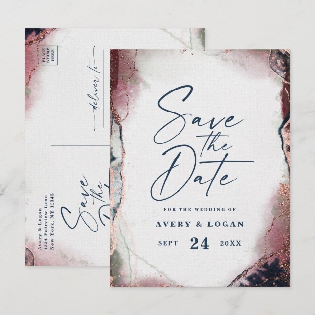 Ethereal Burgundy & Navy Wedding Save The Date Announcement Postcard (Front/Back)