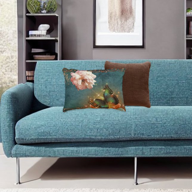 Ethereal Butterfly Bokeh and Peony Teal and Peach Decorative Cushion (Creator Uploaded)