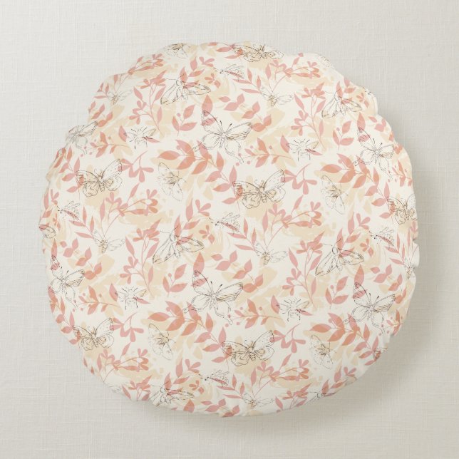 Ethereal Butterfly & Botanical Leaf Pattern Round Cushion (Front)