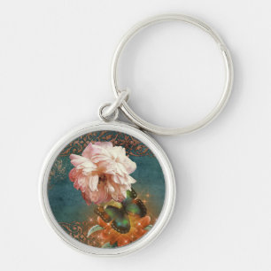 Ethereal Butterly and Peony Teal and Peach Key Ring