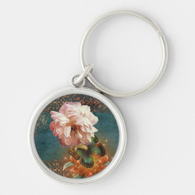 Ethereal Butterly and Peony Teal and Peach Key Ring (Front)