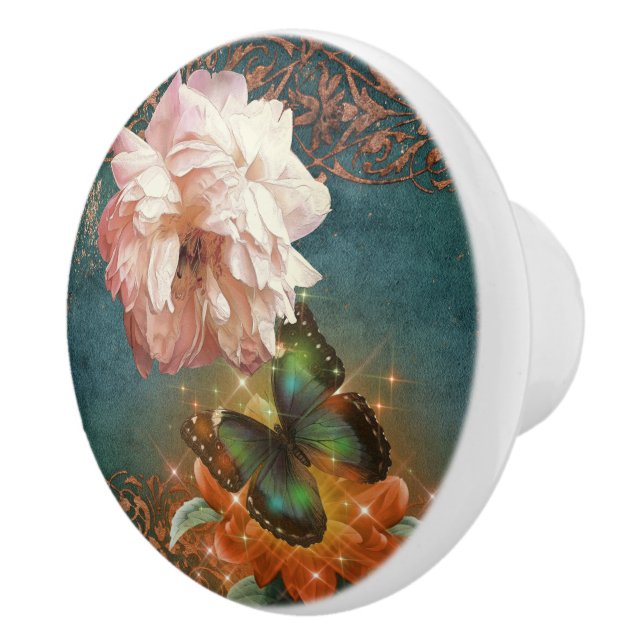 Ethereal Butterly Bokeh and Peony Teal and Peach Ceramic Knob (Right)