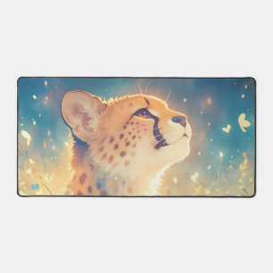 Ethereal Cheetah Cub Golden Glow Celestial Meadow Desk Mat