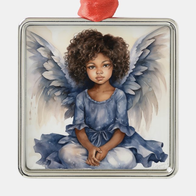 Ethereal Christmas Black Angel in Blue Elegance Metal Ornament (Front)