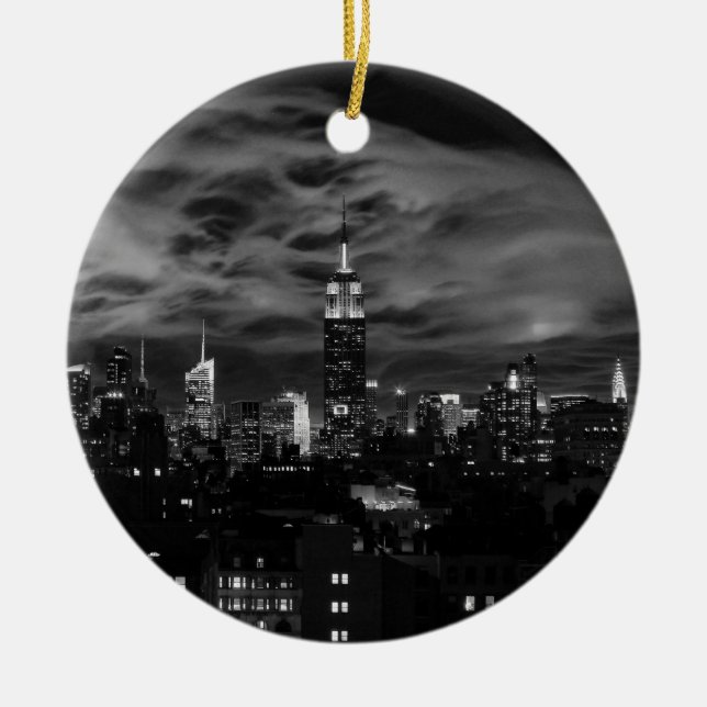 Ethereal Clouds: NYC Skyline, Emp St Bldg BW Ceramic Ornament (Front)