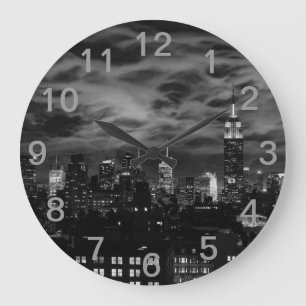 Ethereal Clouds: NYC Skyline, Empire State Bldg BW Large Clock