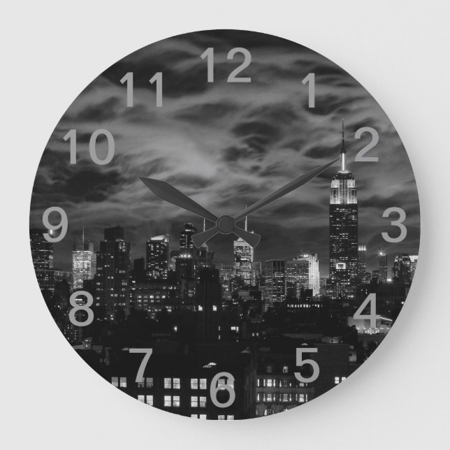 Ethereal Clouds: NYC Skyline, ESB Black and White Large Clock (Front)