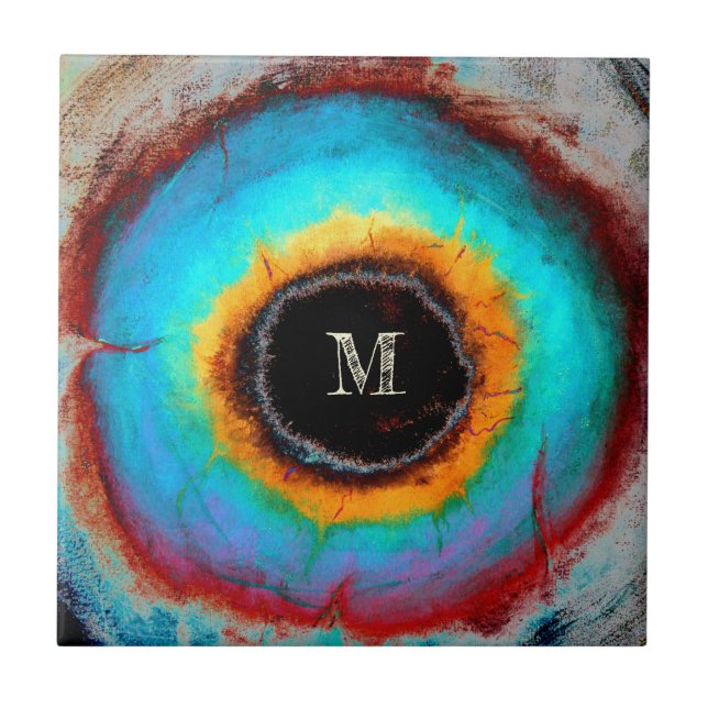 Ethereal Cosmic Eye Monogram Vibrant Abstract Art Ceramic Tile (Front)