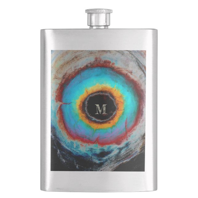 Ethereal Cosmic Eye Monogram Vibrant Abstract Art Hip Flask (Front)
