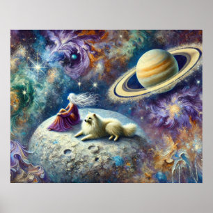 Ethereal Cosmic Scene with Woman, Dog, and Saturn Poster