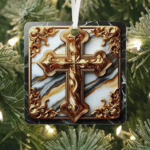 Ethereal Cross Carved in White Marble Metal Tree Decoration