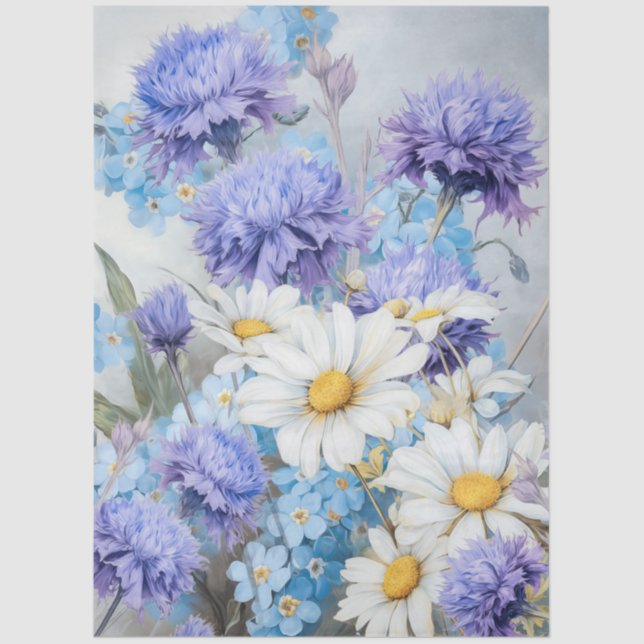 Ethereal Daisies & Purple & Blue Flowers Decoupage Tissue Paper (Front)