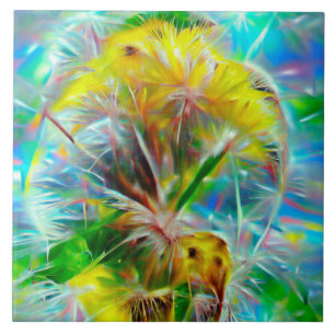 Ethereal Dandelions in Neon Dreamscape Ceramic Tile