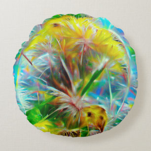 Ethereal Dandelions in Neon Dreamscape Round Cushion