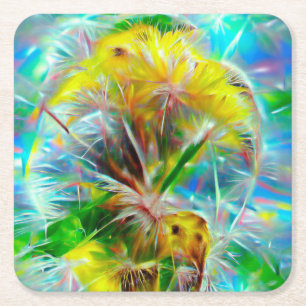 Ethereal Dandelions in Neon Dreamscape Square Paper Coaster
