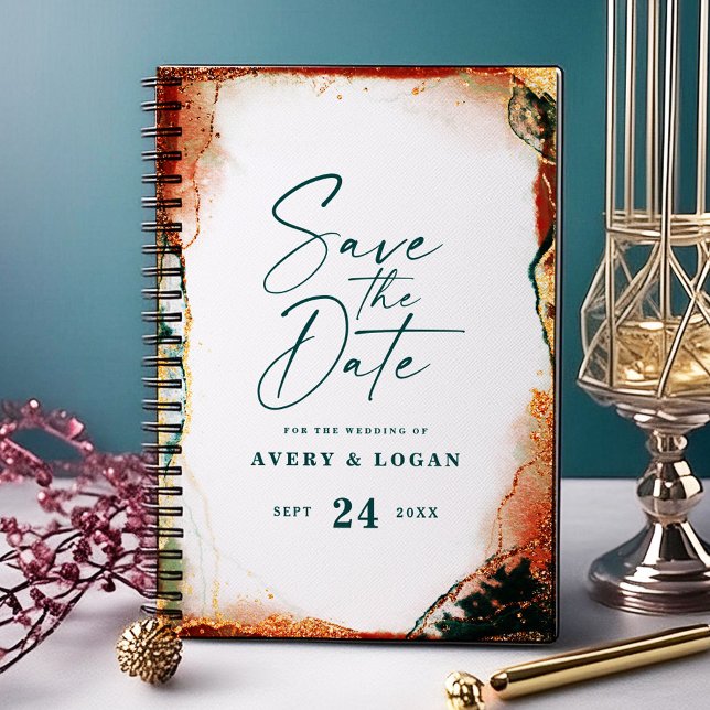 Ethereal Dark Teal & Copper Fall Wedding Plans Planner (Teal and Copper Abstract Wedding Save the Date)