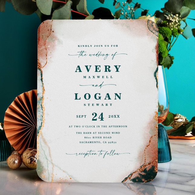 Ethereal Dark Teal & Copper Wedding Invitation Magnet (Teal and Copper Abstract Wedding Invitation Magnetic Card)