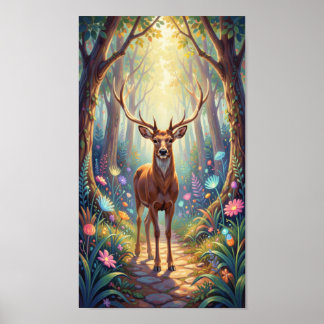 Ethereal Deer in Luminous Forest Path Poster
