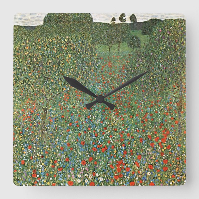 Ethereal Dreams: Gustav Klimt's Mohnfeld Square Wall Clock (Front)