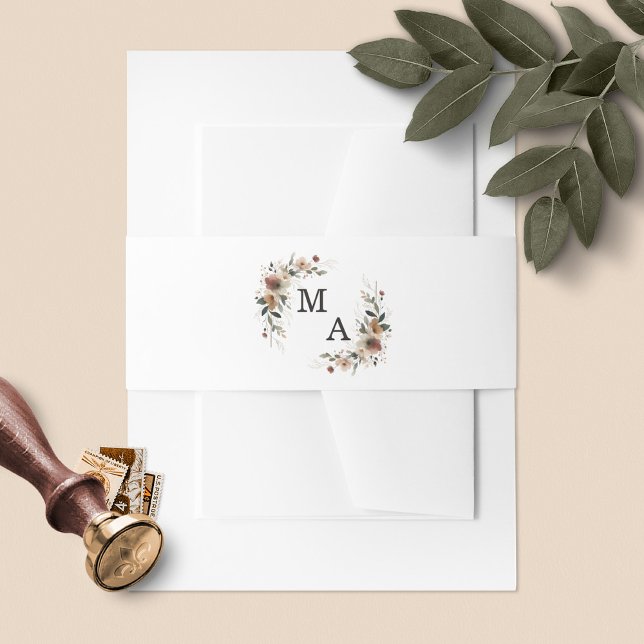 Ethereal Elegance Boho Wreath Monogram Wedding Invitation Belly Band (Wrap your invites in style with our floral monogram belly bands, in 6 boho colorways.)