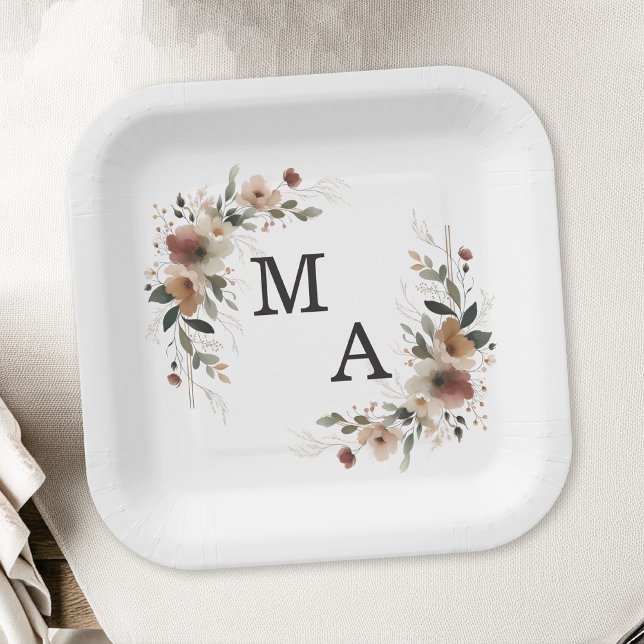 Ethereal Elegance Floral Wreath Wedding Monogram Paper Plate (Decorate your celebration table in elegance with our monogrammed plates in 6 chic hues.)