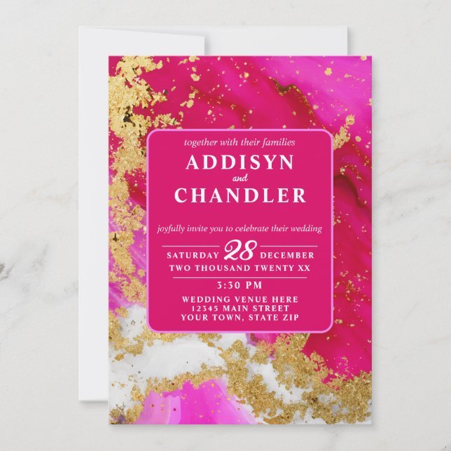 Ethereal Elegance: Hot Pink Geode-Inspired Wedding Invitation (Front)