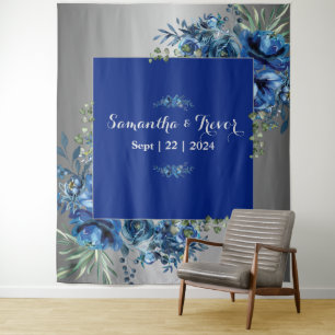 Ethereal Elegance: Silver and Blue Blossoms Tapestry