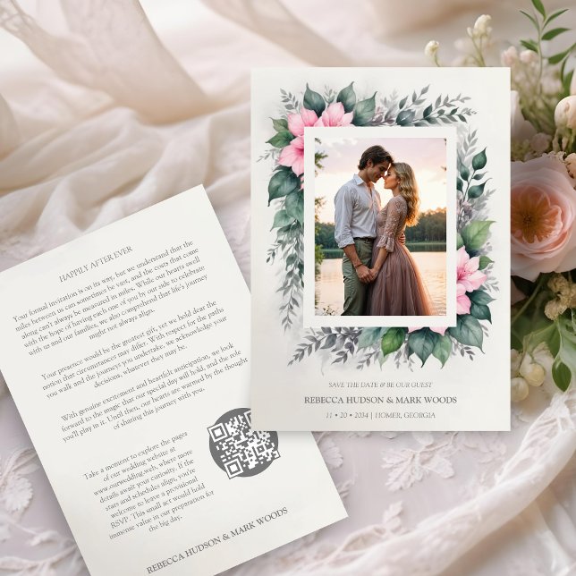 Ethereal & Enchanting Botanical Soft Floral Photo  Save The Date (Ethereal & Enchanting Botanical Soft Floral Photo Frame in Pink Wedding Save the Dates Cards. )