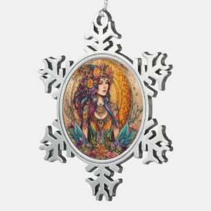 Ethereal Essence: A Mystical Ink Drawing Snowflake Pewter Christmas Ornament