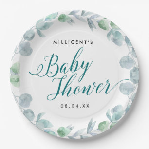 Ethereal Eucalyptus Calligraphic Baby Shower Paper Plate