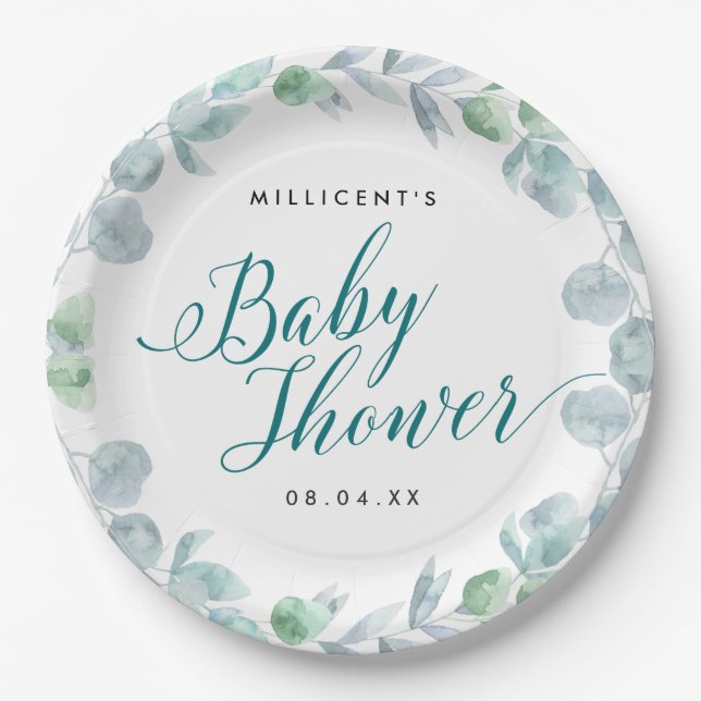 Ethereal Eucalyptus Calligraphic Baby Shower Paper Plate (Front)