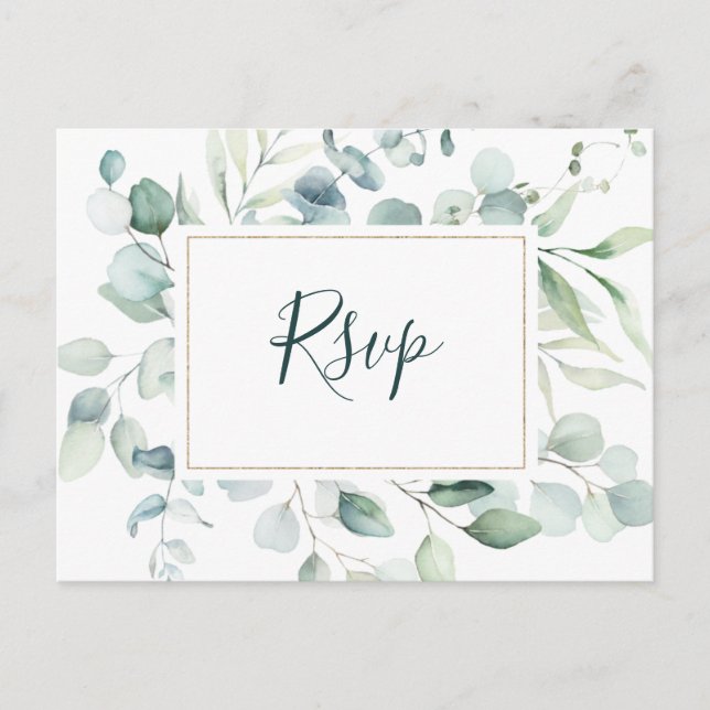 Ethereal Eucalyptus Gold Greenery Wedding RSVP Postcard (Front)