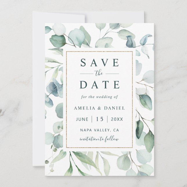 Ethereal Eucalyptus Gold Greenery Wedding Save The Date (Front)