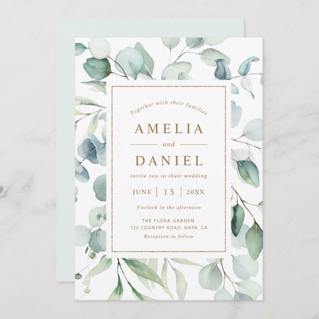 Ethereal Eucalyptus Gold Script Greenery Wedding Invitation (Front/Back)