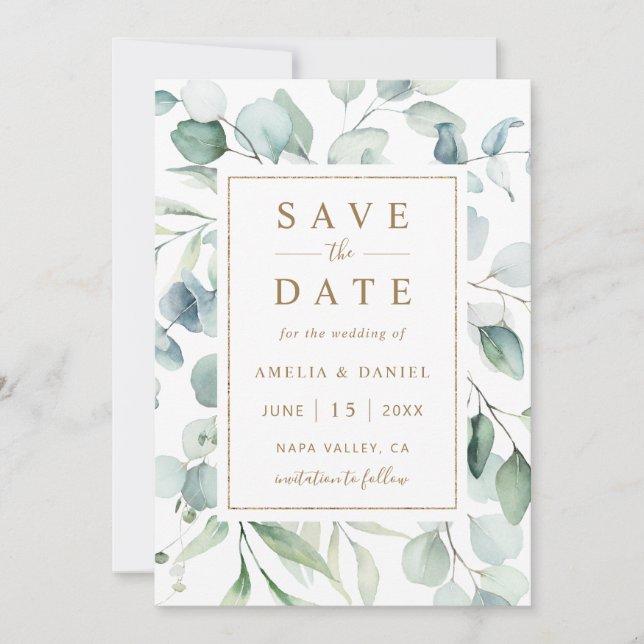 Ethereal Eucalyptus Gold Script Greenery Wedding Save The Date (Front)