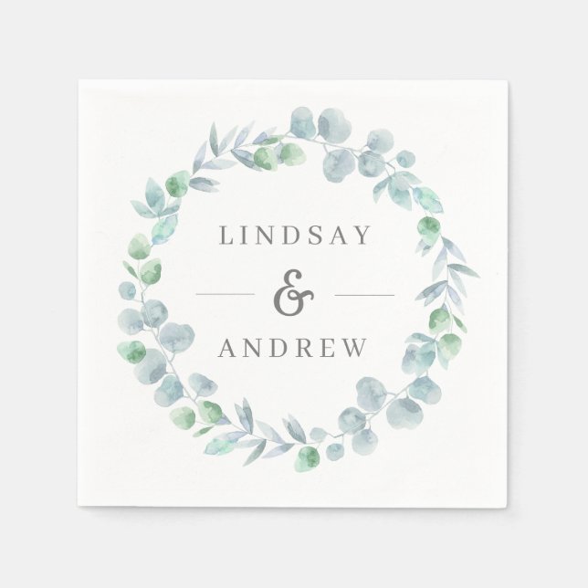Ethereal Eucalyptus Wreath Dusty Blue Wedding Napkin (Front)
