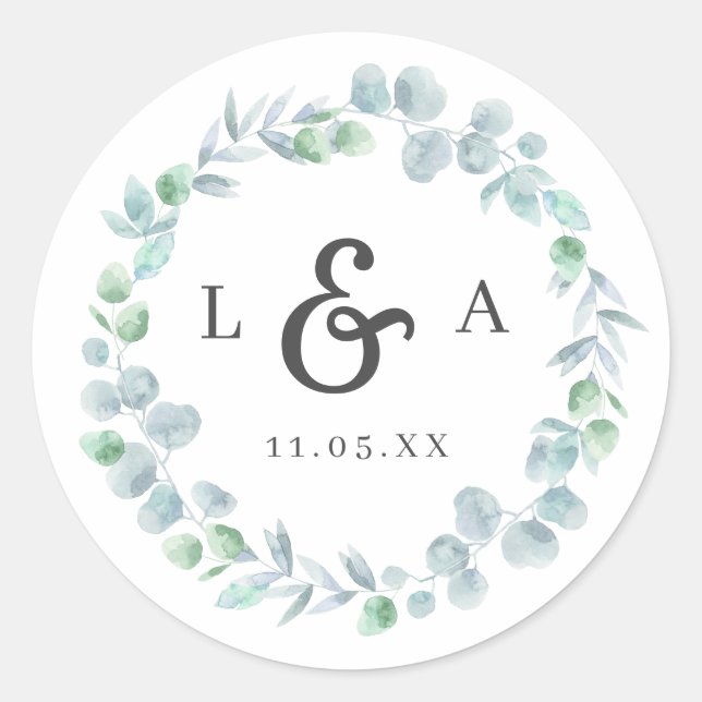 Ethereal Eucalyptus Wreath Monogram Wedding Classic Round Sticker (Front)