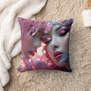 Ethereal Faces Adorned in Colourful Floral Designs Cushion