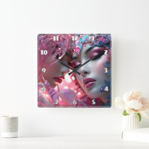Ethereal Faces Adorned in Colourful Floral Designs Square Wall Clock