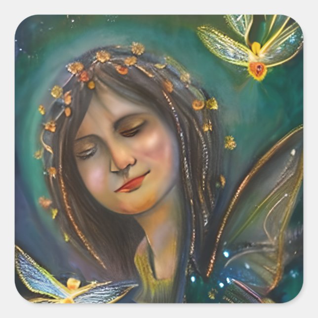 Ethereal Fairy Girl and Golden Butterfly Square Sticker (Front)