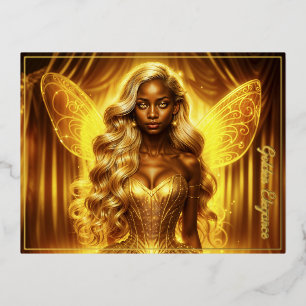 Ethereal fairy princess with glowing golden aura foil holiday postcard