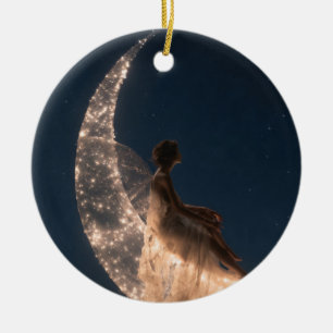 Ethereal Fairy Sitting On A Glowing Crescent Moon Ceramic Ornament