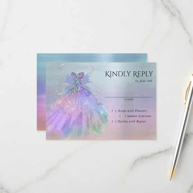 Ethereal Fairy Wing Gown | Rainbow Pastel Sheen RSVP Card (Front/Back In Situ)