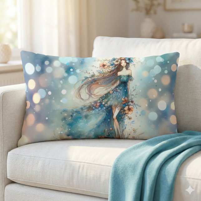 Ethereal Fantasy Goddess in a Watercolor Dream Lumbar Cushion (Ethereal Fantasy Goddess in a Watercolor Dream Lumbar Pillow Mockup A)