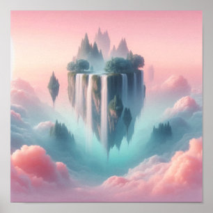 Ethereal Floating Islands and Waterfalls in Pastel Poster