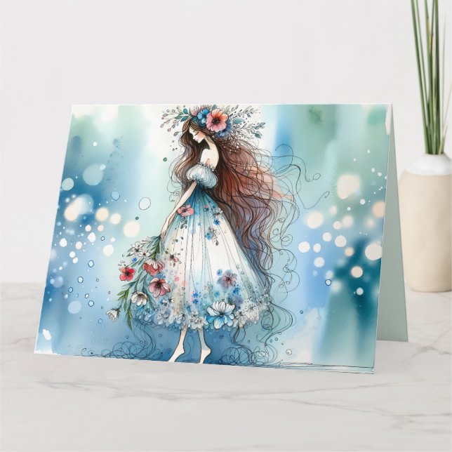 Ethereal Flower Fairy in Watercolor Dreamscape Card (Front)