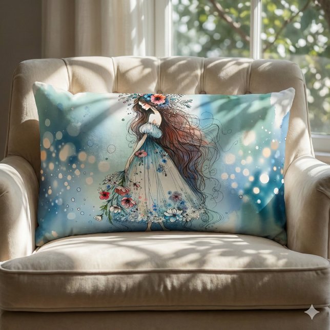 Ethereal Flower Fairy in Watercolor Dreamscape Lumbar Cushion (Ethereal Flower Fairy in Watercolor Dreamscape Lumbar Pillow Mockup A)
